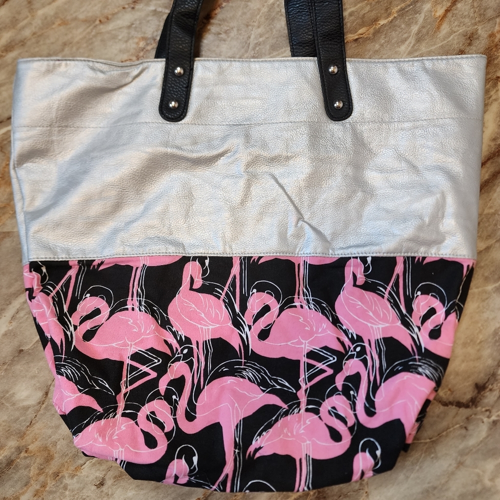 Flamingo cotton tote bag faux leather silver EUC
